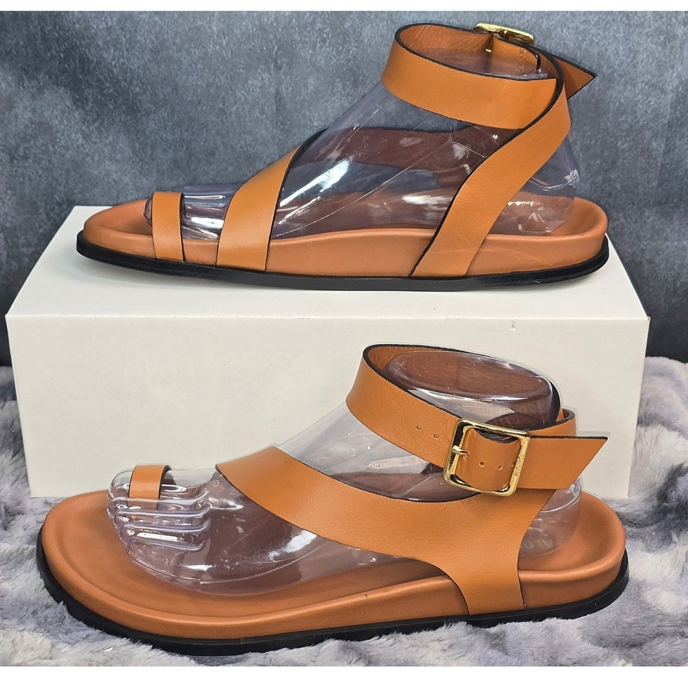 New Alohas Myles Buckle Ankle Strap Leather Toe Loop Sandals Tan Womens 39 US 9
